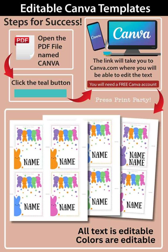 Instructions for the Peeps Easter Gift Tags w. Editable Name are shown: Open a PDF file, click a teal button, and edit text and colors. Three template designs featuring the word "NAME" are displayed below the instructions, perfect for creating personalized Easter gift tags.