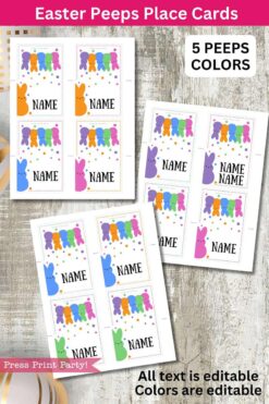 Peeps Easter Gift Tags feature vibrant, peep-shaped designs in five colors, ideal for Easter gifts. Each card includes a blank 