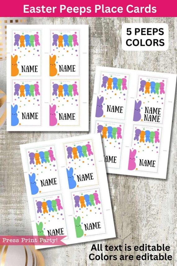 Peeps Easter Gift Tags feature vibrant, peep-shaped designs in five colors, ideal for Easter gifts. Each card includes a blank "NAME" space for personalization. Text and colors are fully editable on a wooden background with gold and white decor.
