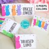 Peeps Easter Gift Tags with editable names feature colorful cartoon bunny designs and double as place cards. Names like "Uncle Owen" and "Marilyn" can be customized using Canva while pink and purple paper pom-poms decorate the background.