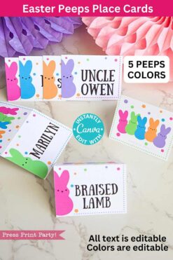 Peeps Easter Gift Tags with editable names feature colorful cartoon bunny designs and double as place cards. Names like "Uncle Owen" and "Marilyn" can be customized using Canva while pink and purple paper pom-poms decorate the background.