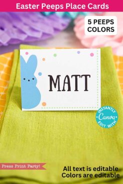 Place a "Matt" named card with a blue bunny design on a green napkin. The top reads "Easter Peeps Place Cards" and there's a label saying "5 Peeps Colors." It's perfect for Easter and all text/colors are editable. Product: Peeps Easter Gift Tags w. Editable Name (Copy).