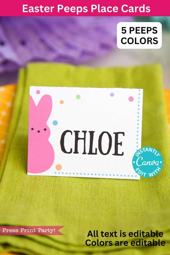 The Peeps Easter Gift Tags feature a pink bunny and polka dots with the name "Chloe" on an editable design by Canva, resting on a green napkin. Perfect for customizing Easter gift tags.