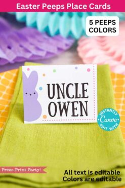 A place card featuring a purple bunny design and named 