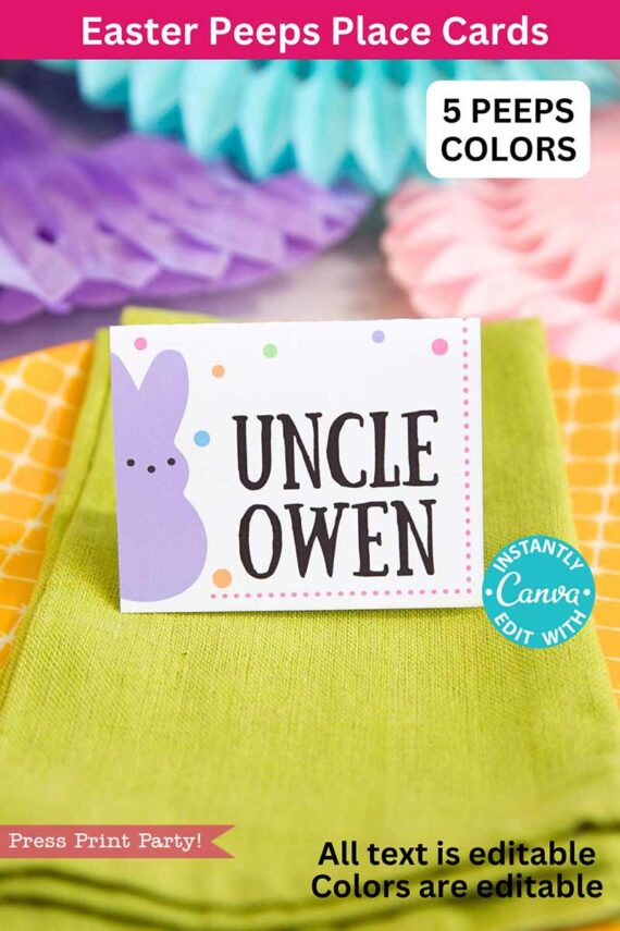 A place card featuring a purple bunny design and named "Uncle Owen" lies on a green napkin, set against a backdrop of colorful decorations. It displays "Peeps Easter Gift Tags w. Editable Name" with "5 Peeps Colors." A badge shows it's editable in Canva for creating personalized Easter gift tags.