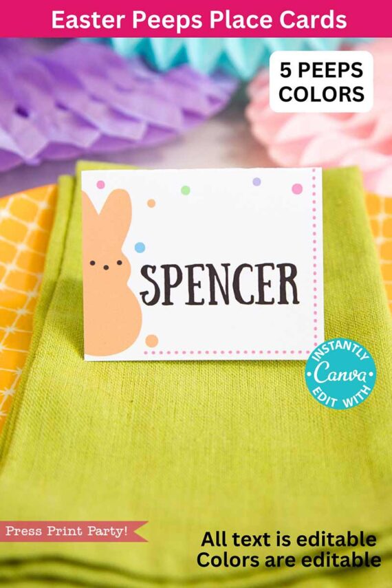 The Peeps Easter Gift Tag featuring a yellow bunny design with the name "Spencer" sits on a lime green napkin against a pink and purple decorative edge. Text emphasizes editable features, diverse color choices, and versatility as gift tags or place cards.
