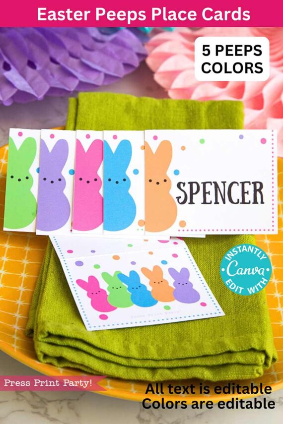 The Peeps Easter Gift Tags with Editable Name serve as place cards on a green napkin, featuring pastel bunnies and "SPENCER." These tags can be customized with Canva in five charming colors to complement your Easter table.