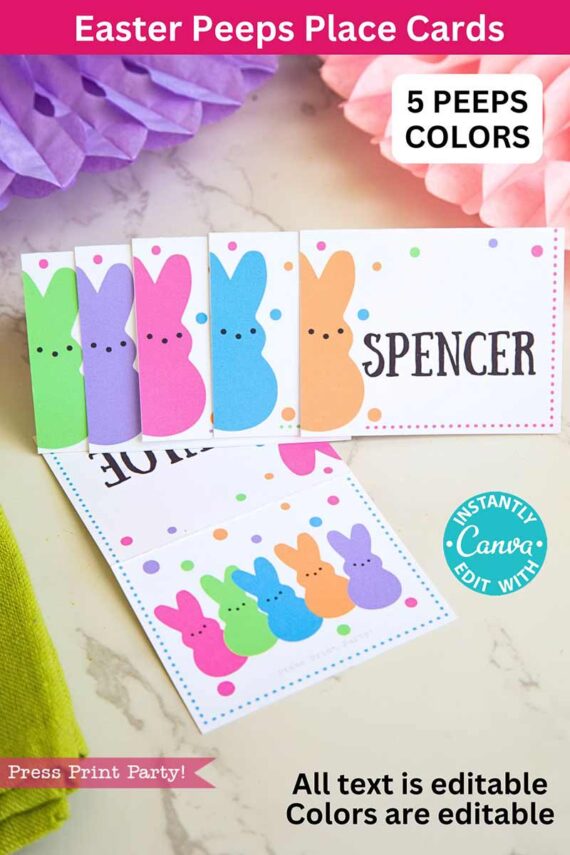 Easter gift tags, named "Peeps Easter Gift Tags w. Editable Name (Copy)," showcase colorful bunny designs in pink, green, purple, orange, and blue. One features the name "Spencer" with editable text/colors. Displayed on a marble surface with a purple decoration. Perfect as place cards or gift tags.