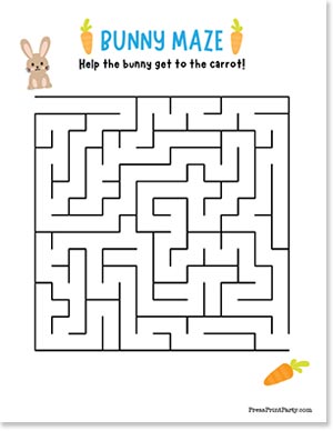 A rectangular maze with "Bunny Maze" written at the top alongside a bunny and a carrot icon. The goal is to guide the bunny to the carrot located at the maze's bottom right corner.
