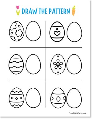 Worksheet with three rows of outlined egg shapes. Each row has a patterned egg featuring flowers, dots, and various geometric designs, followed by a blank egg shape. The title "Draw the Pattern" is at the top.