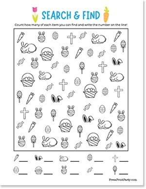 Search and find activity sheet featuring bunnies, Easter baskets, eggs, carrots, crosses, and candies. Instructions invite counting each item type and writing the total on provided lines below. Bright title with a tulip and carrot illustration.