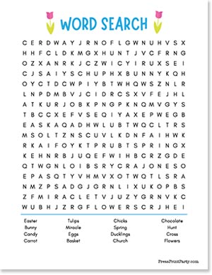 A word search puzzle with words like Easter, Bunny, Candy, Carrot, Tulips, Chicks, Eggs, Basket, Hunt, Spring, Ducks, Church, Chocolate, Hops, and Flowers. The title is "Word Search" with decorative tulips.