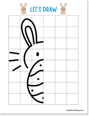 Grid drawing worksheet with a half-finished bunny and Easter egg sketch on the left. Each grid square guides the completion of the image on the right side. Text reads "LET'S DRAW" at the top with bunny icons.