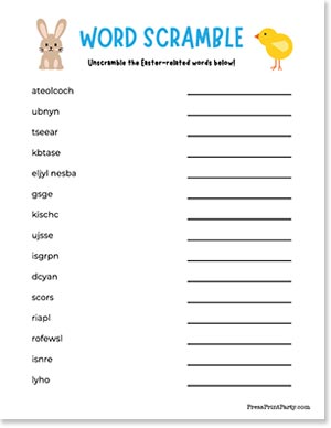An Easter-themed word scramble sheet with 15 scrambled words and blank lines for answers. Features a cartoon bunny and chick at the top. The instruction reads: "Unscramble the Easter-related words below!.