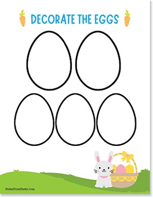 A worksheet titled "Decorate the Eggs" with five blank egg outlines for coloring. There's a cute bunny holding a basket of colorful eggs at the bottom right corner, with a grassy background and small carrot decorations.