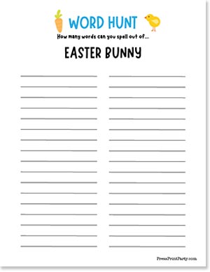 Word hunt worksheet titled "Easter Bunny" for finding words from the phrase. It features a carrot and chick graphic at the top with two columns of lines below for writing answers.