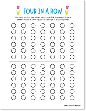 Four in a Row" game sheet with a grid of circles arranged in columns. Players take turns placing initials in circles, aiming to connect four vertically, horizontally, or diagonally. Decorative tulips at the top.