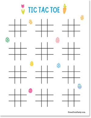 A Tic Tac Toe game sheet with four grids, each having 3x3 squares. Colorful designs such as eggs, a tulip, and a carrot are scattered around. The title "Tic Tac Toe" is at the top.