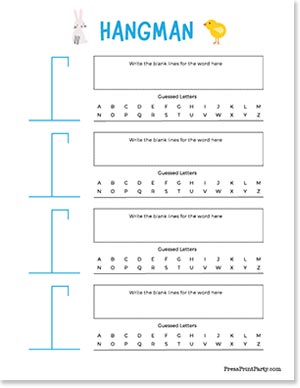 Hangman game sheet with four sections for guessing words. Each section includes spaces to write blanks, a letter bank from A to Z, and an area for guessed letters. Decorative elements include a bunny and a chick at the top.