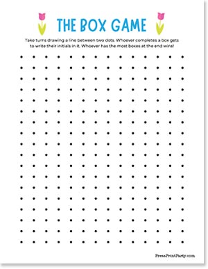 A Dots and Boxes game sheet titled "The Box Game" with instructions: "Take turns drawing a line between two dots. Whoever completes a box gets to write their initials in it. Whoever has the most boxes at the end wins!" The sheet features a 10x10 grid of dots.