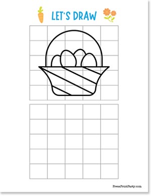 A grid drawing activity sheet with an outline of an Easter basket filled with eggs on the top half. The bottom half has a blank grid for replication. The title "LET'S DRAW" is at the top with flower and carrot illustrations.
