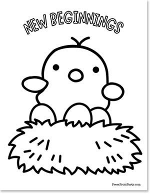 A cartoon chick sitting in a nest with the words "New Beginnings" above it. The image is in black and white, suitable for coloring.