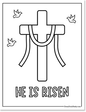 A cross draped with cloth is centered in the image, surrounded by three flying doves. The words "He Is Risen" are written below the cross. The illustration is simple and black and white.