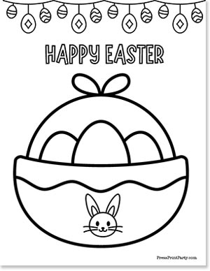 Coloring page showing a basket with Easter eggs and a small bunny design. "Happy Easter" is written above, with a border of hanging decorated eggs.