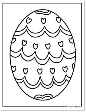 Black and white illustration of an egg decorated with wavy lines and small heart shapes. The design is simple and symmetrical, suitable for coloring.