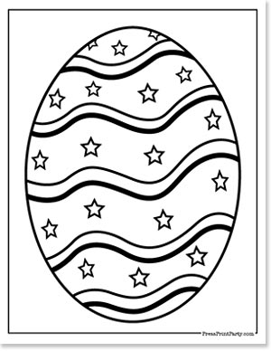 Black and white image of an Easter egg with wavy lines and star patterns. The design is simple and symmetrical, suitable for coloring.