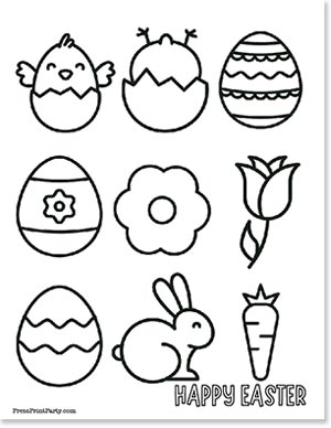 A black and white Easter coloring page featuring a chick, eggs with patterns, a flower, a tulip, a bunny, a carrot, and the text "Happy Easter.