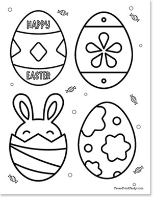 Black and white coloring page featuring four Easter eggs with different designs, including one with bunny ears, and small candies scattered around. One egg has "Happy Easter" written on it.