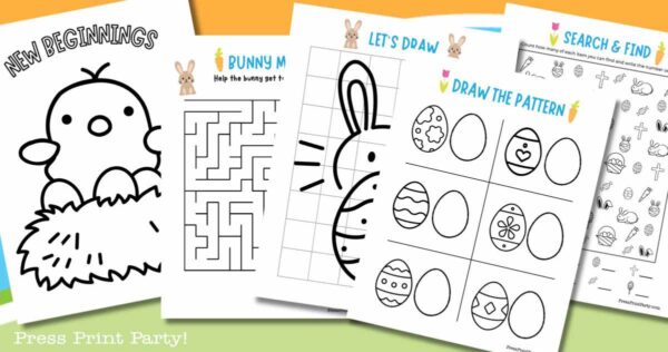 A collection of children's Easter activity sheets. Includes a chick coloring page, bunny maze, drawing prompts, and egg pattern matching. Decorated with cute illustrations of bunnies and Easter-themed icons.