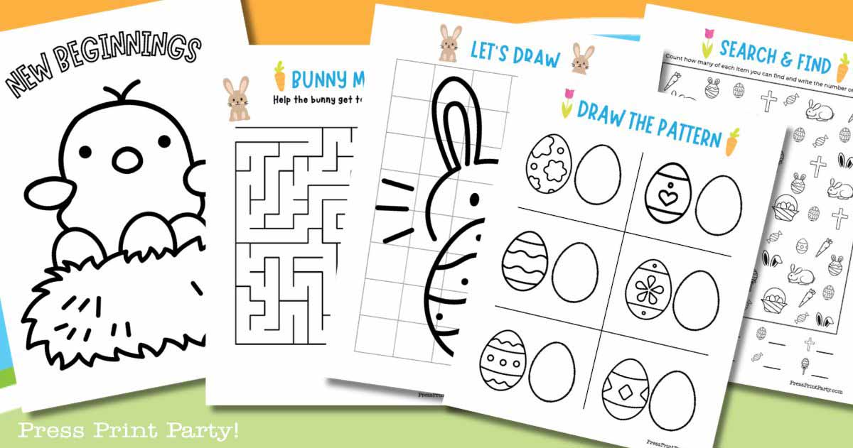 A collection of children's Easter activity sheets. Includes a chick coloring page, bunny maze, drawing prompts, and egg pattern matching. Decorated with cute illustrations of bunnies and Easter-themed icons.