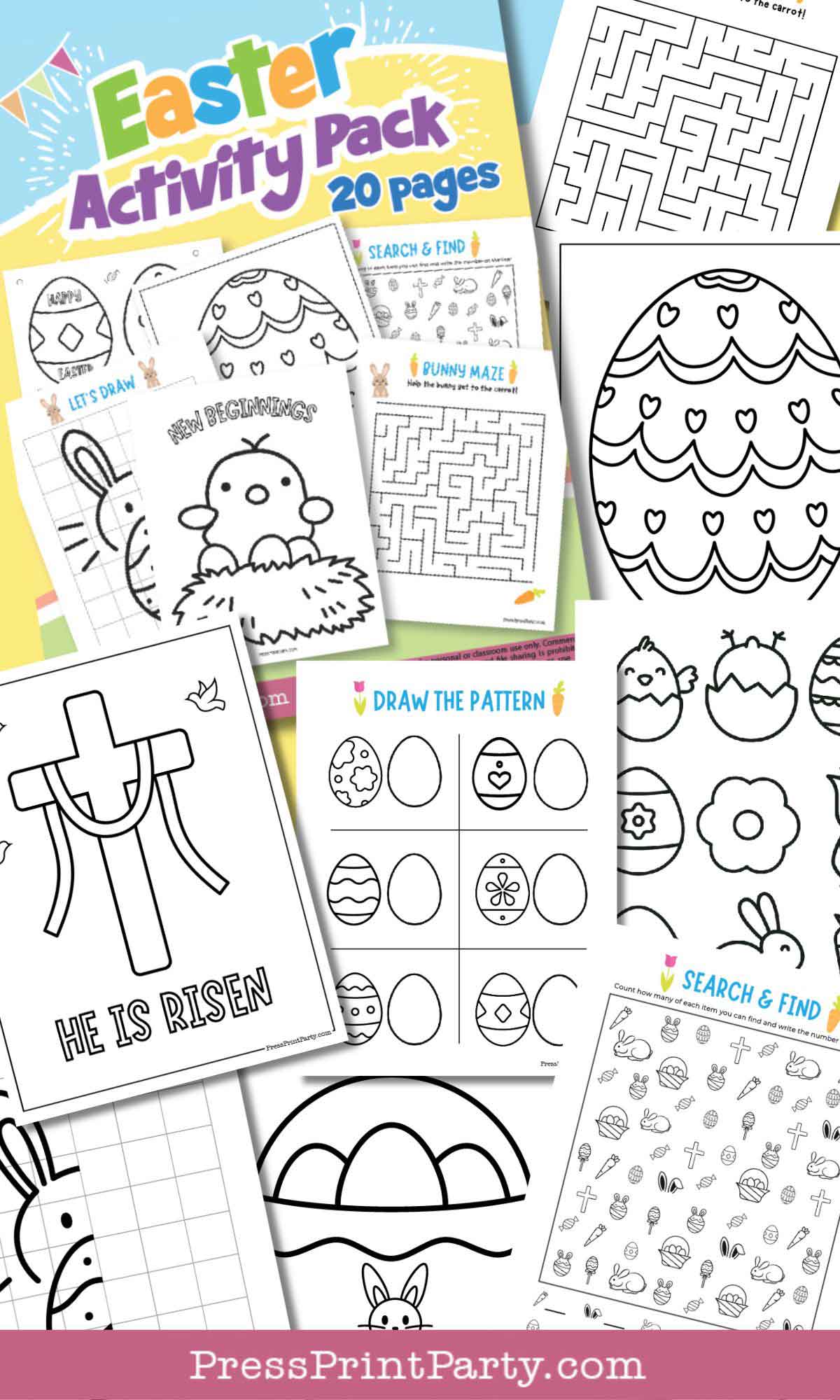 Collage of Easter-themed activity sheets featuring mazes, search and find, pattern drawing, and coloring pages. The pack includes images of Easter eggs, chicks, and a "He is Risen" page with a cross. Text reads "Easter Activity Pack 20 pages.