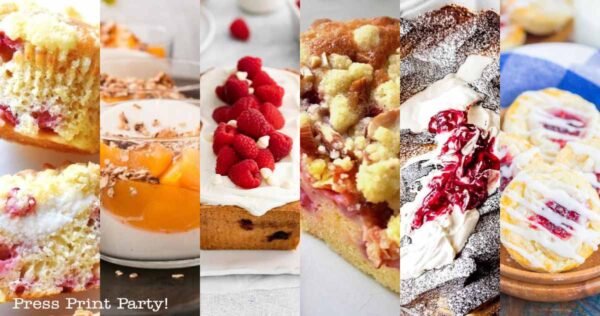 A delightful collage of six brunch desserts: strawberry cake, yogurt with peach slices, raspberry-topped loaf, crumble cake, layered pastry with cream, and a pastry adorned with icing and red berries.