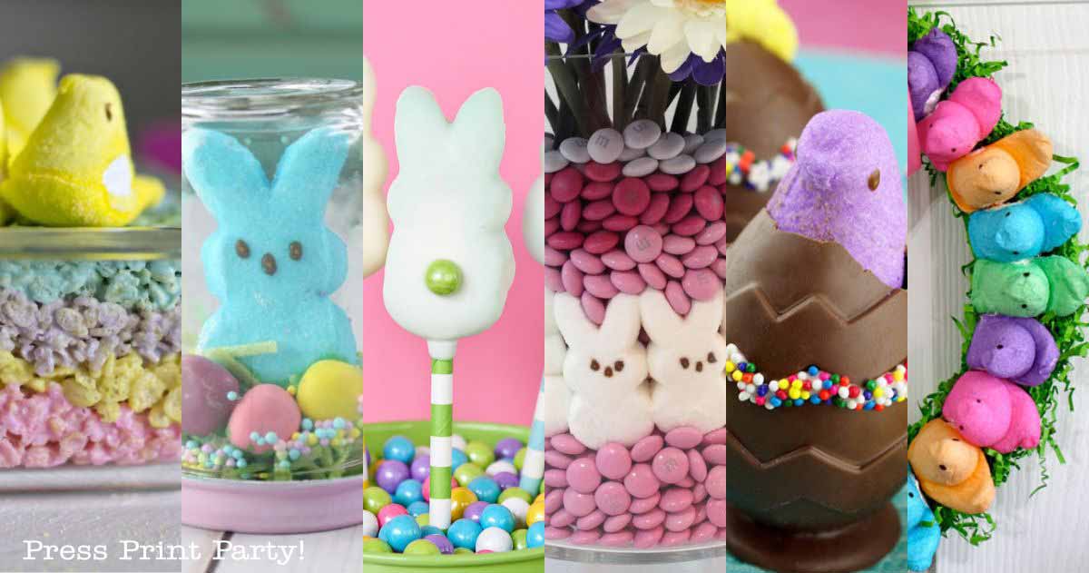 A colorful collage of Easter-themed treats featuring marshmallow chicks and bunnies in yellow, blue, white, and purple. Some are nestled in colorful candy jars, while others decorate chocolate eggs and vibrant sugar sprinkles.