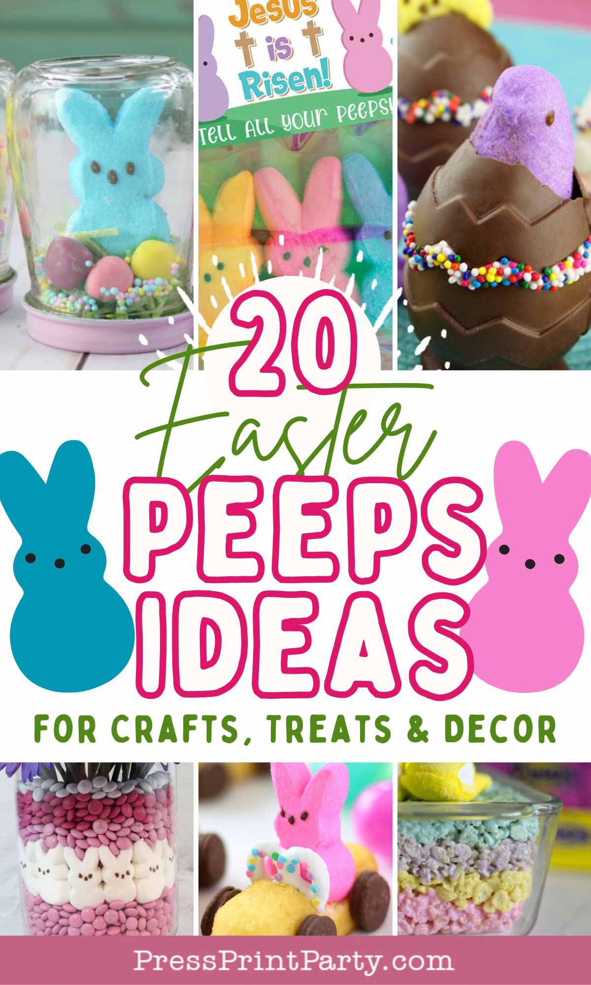 A collage of Easter-themed Peeps treats and crafts, featuring colorful Peeps marshmallows in jars, chocolates, and decor. Text reads "20 Easter Peeps Ideas for Crafts, Treats & Decor" with pastel-colored bunny illustrations.