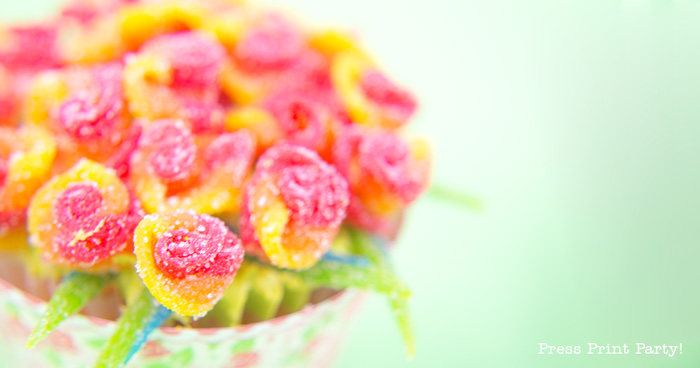 A bouquet of candy roses with pink and yellow swirled petals, accented by green candy leaves, displayed against a soft green background. The words "Press Print Party!" are visible in the bottom right corner.