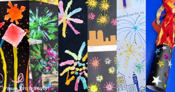 A collage of fireworks crafts for kids features vibrant projects, including colorful fireworks drawings on black paper, a tube decorated as a firework rocket, and dazzling designs using various art techniques.