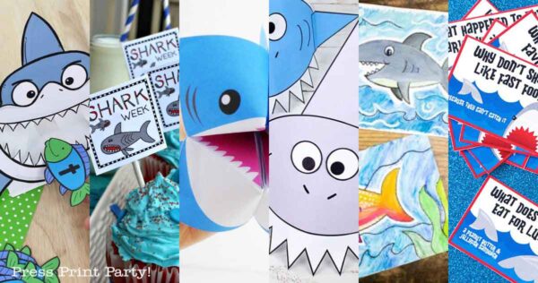 A collage of colorful shark-themed crafts and printables, including cupcake toppers, greeting cards, coloring pages, and shark paper puppets, all arranged in a vibrant and playful display.