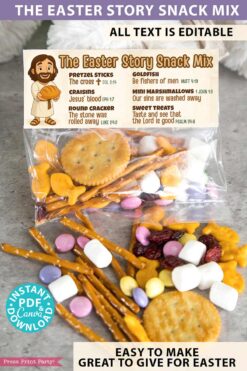 A bag labeled "The Easter Story Snack Mix" includes pretzel sticks, cranberries, round crackers, goldfish crackers, mini marshmallows, and sweets. It comes with an Easter place card featuring biblical story references and a vibrant background. Product: Editable Easter Story Snack Mix Topper and Tag Printable.