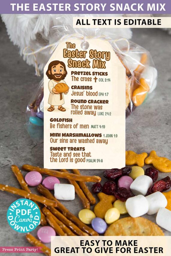 The Editable Easter Story Snack Mix Topper and Tag Printable features a mix of pretzel sticks, craisins, round crackers, goldfish, and mini marshmallows with symbolic meanings and biblical references, perfect for enhancing your Easter place cards display.