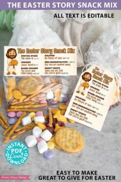 The Editable Easter Story Snack Mix Topper and Tag Printable includes ingredient labels with religious references, ideal as Easter place cards. The mix features pretzel sticks, jelly beans, and mini marshmallows on a light gray background.