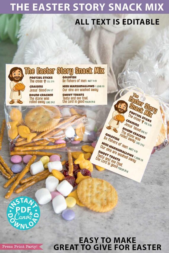 The Editable Easter Story Snack Mix Topper and Tag Printable includes ingredient labels with religious references, ideal as Easter place cards. The mix features pretzel sticks, jelly beans, and mini marshmallows on a light gray background.