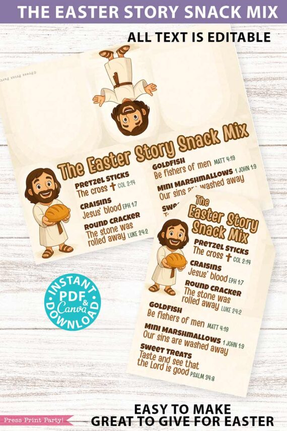 Illustration of the "Editable Easter Story Snack Mix Topper and Tag Printable" with cartoon figures and editable text. Features a snack guide using pretzel sticks, marshmallows, Bible verses, Easter images, and place cards to personalize your celebration.