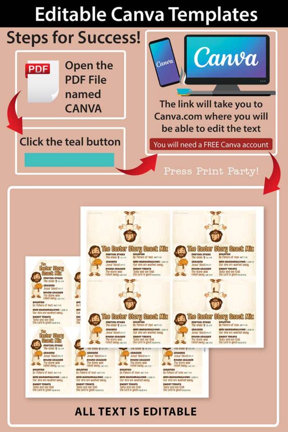 Editable Easter Story Snack Mix Topper and Tag graphic. Steps: Open the CANVA PDF, click the teal button, and edit at Canva.com—account required. Perfect for Easter place cards, it features dessert labels with a cheerful cartoon girl chef, and all text is easy to edit.