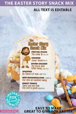 The Editable Easter Story Snack Mix Topper and Tag Printable offers a symbolic snack mix with links to biblical tales. Ideal for Easter, it’s simple to make, perfect for gifting, or as unique place cards at your celebration.