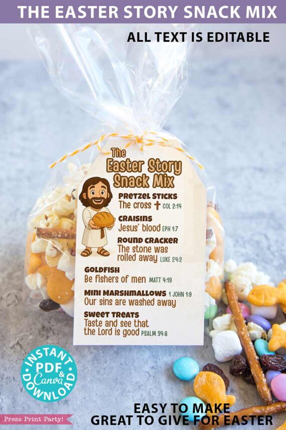 The Editable Easter Story Snack Mix Topper and Tag Printable offers a symbolic snack mix with links to biblical tales. Ideal for Easter, it’s simple to make, perfect for gifting, or as unique place cards at your celebration.