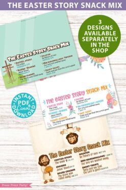The Editable Easter Story Snack Mix Topper and Tag Printable features three colorful, Easter-themed designs with illustrations and ingredients. Available as instant PDF downloads, these separate designs are perfect companions to your Easter place cards.